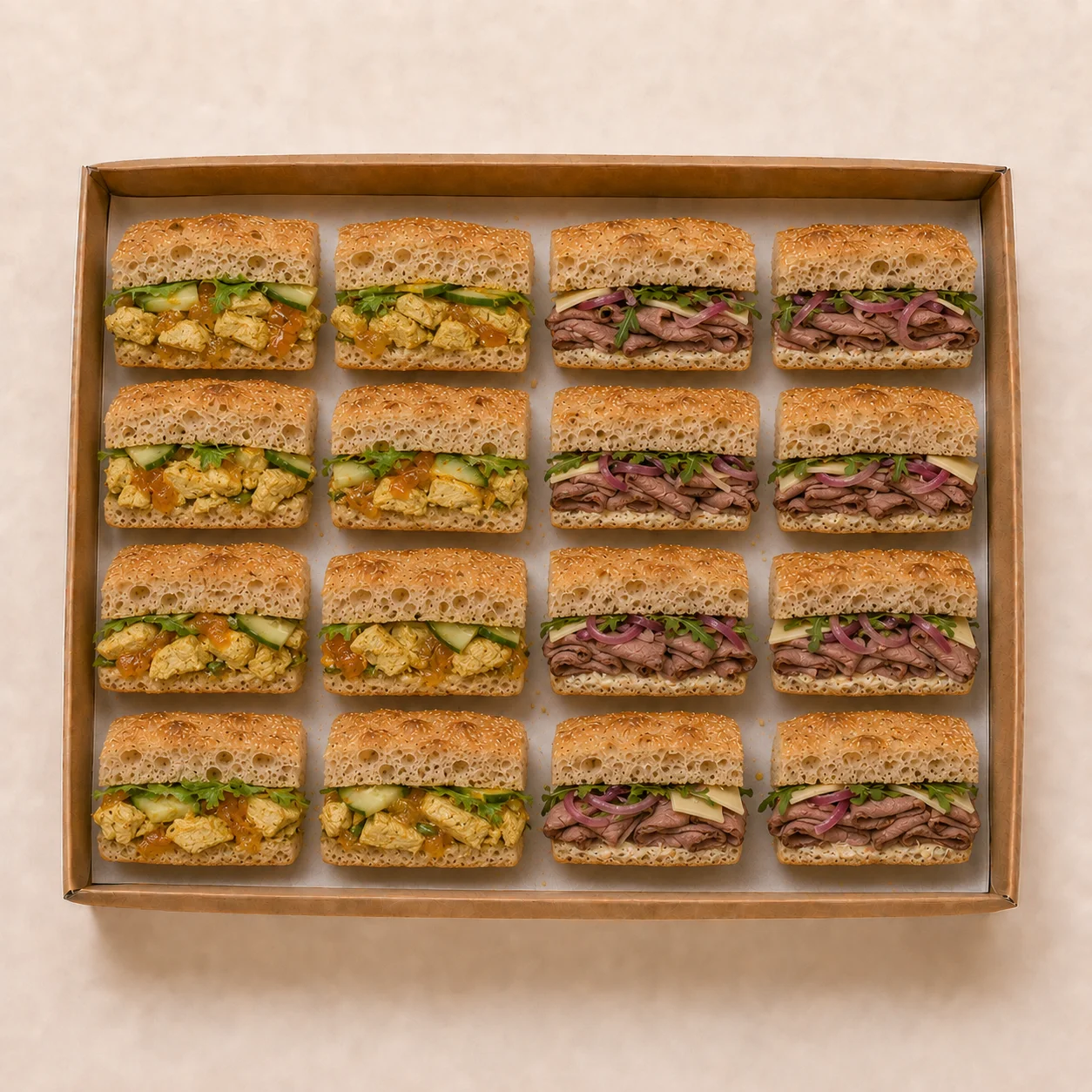 Chicken Curry & Roast Beef Focaccia Platter — 16 Halves