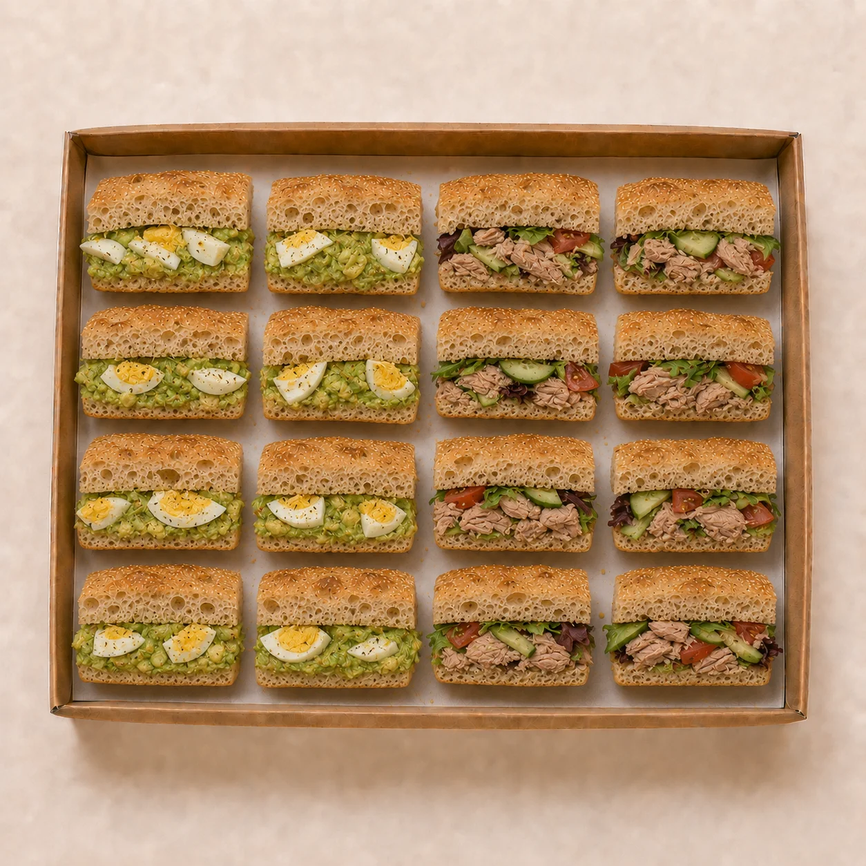 Avocado & Egg and Tuna Salad Focaccia Platter — 16 Halves