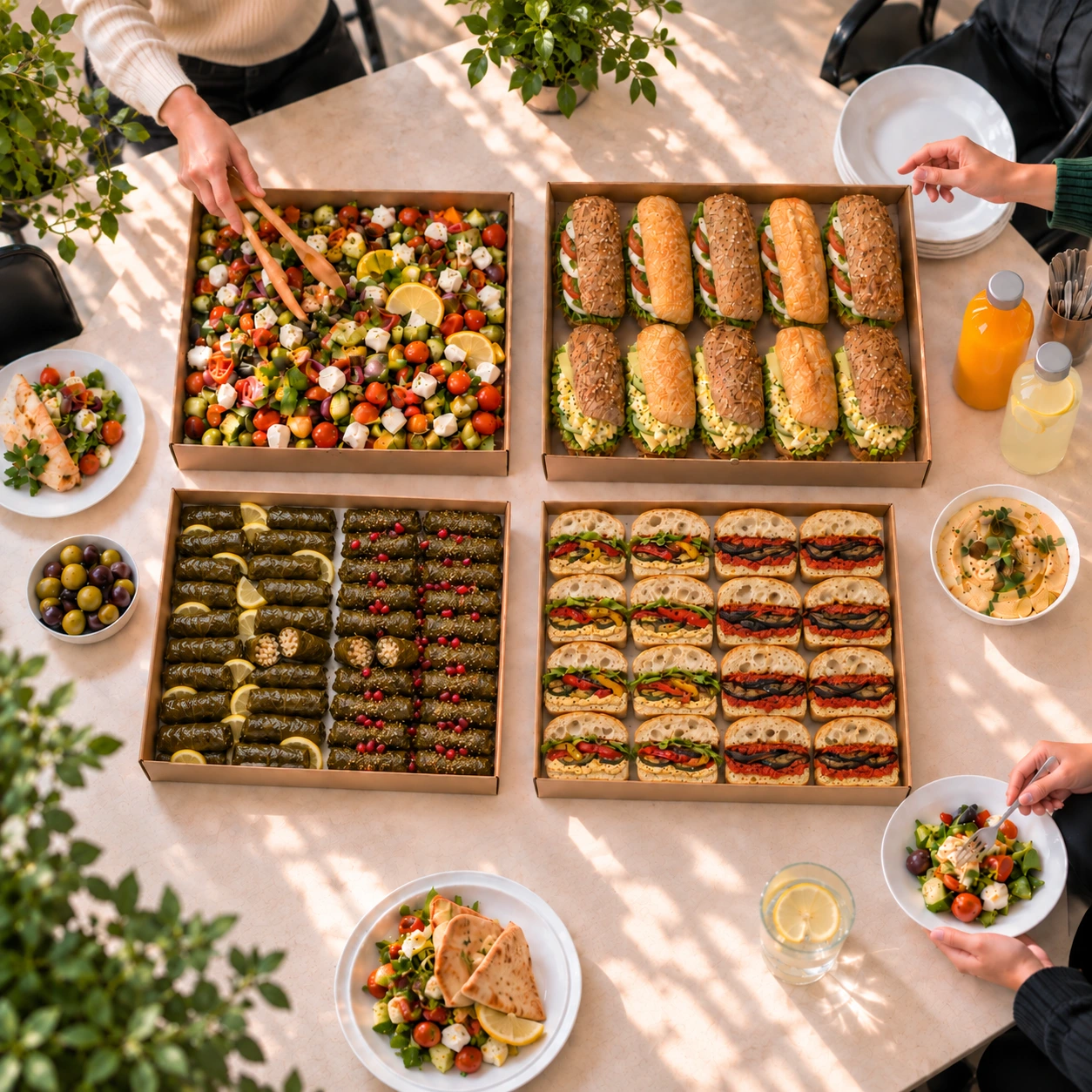 A shared Pita Chef spread with salads, filled buns, mezze, and focaccia
